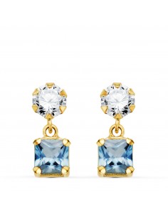 18K PENDIENTES ORO AMARILLO DOS CUERPOS CON CIRCONITA Y AGUA MARINA CUADRADA 14 X 5MM. CIERRE PRESION