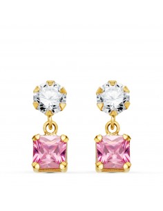 18K PENDIENTES ORO AMARILLO DOS CUERPOS CON CIRCONITA Y PIEDRA ROSA CUADRADA 14 X 5MM. CIERRE PRESION