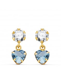 18K PENDIENTES ORO AMARILLO DOS CUERPOS CON CIRCONITA Y AGUAMARINA CORAZON 14 X 5MM. CIERRE PRESION