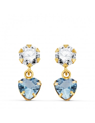 18K PENDIENTES ORO AMARILLO DOS CUERPOS CON CIRCONITA Y AGUAMARINA CORAZON 14 X 5MM. CIERRE PRESION