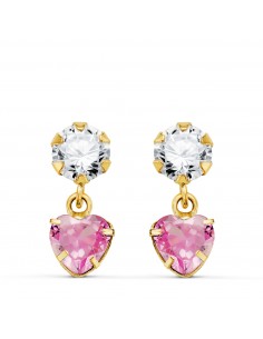 18K PENDIENTES ORO AMARILLO DOS CUERPOS CON CIRCONITA Y PIEDRA ROSA CORAZON 14 X 5MM.  PRESION