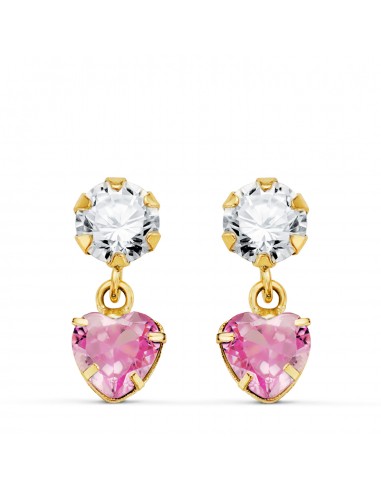 18K PENDIENTES ORO AMARILLO DOS CUERPOS CON CIRCONITA Y PIEDRA ROSA CORAZON 14 X 5MM.  PRESION