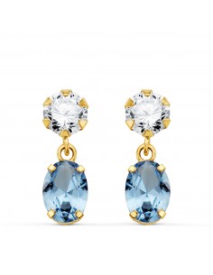18K PENDIENTES ORO AMARILLO DOS CUERPOS CON CIRCONITA Y AGUAMARINA OVAL 16 X 5MM. CIERRE PRESION