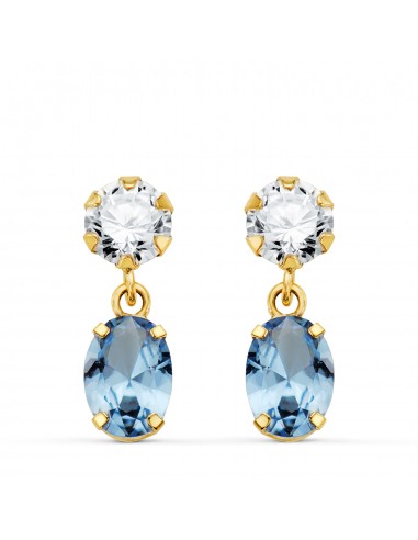 18K PENDIENTES ORO AMARILLO DOS CUERPOS CON CIRCONITA Y AGUAMARINA OVAL 16 X 5MM. CIERRE PRESION