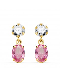 18K PENDIENTES ORO AMARILLO DOS CUERPOS CON CIRCONITA Y PIEDRA ROSA OVAL 16 X 5MM. CIERRE PRESION