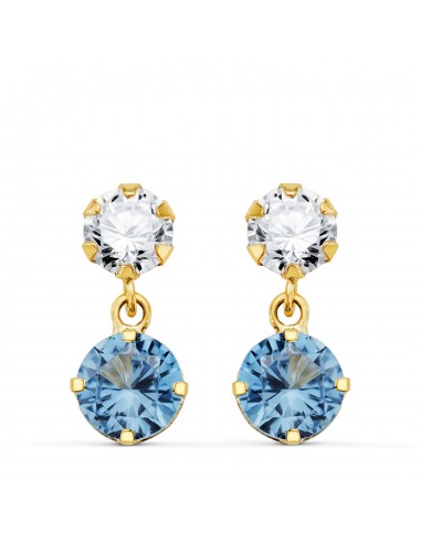 18K PENDIENTES ORO AMARILLO DOS CUERPOS CON CIRCONITA Y AGUAMARINA REDONDA 15 X 6MM. CIERRE PRESION