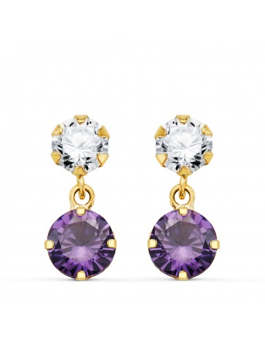 18K PENDIENTES ORO AMARILLO DOS CUERPOS CON CIRCONITA Y AMATISTA REDONDA 15 X 6 MM. CIERRE PRESION