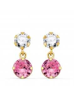 18K PENDIENTES ORO AMARILLO DOS CUERPOS CON CIRCONITA Y PIEDRA ROSA REDONDA 15 X 6MM. CIERRE PRESION