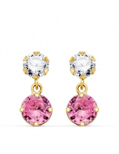 18K PENDIENTES ORO AMARILLO DOS CUERPOS CON CIRCONITA Y PIEDRA ROSA REDONDA 15 X 6MM. CIERRE PRESION