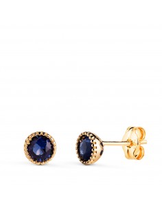 18K PENDIENTES ORO AMARILLO REDONDOS PIEDRA AZUL BORDES BOLITAS. MEDIDA: 5MM. CIERRE PRESION