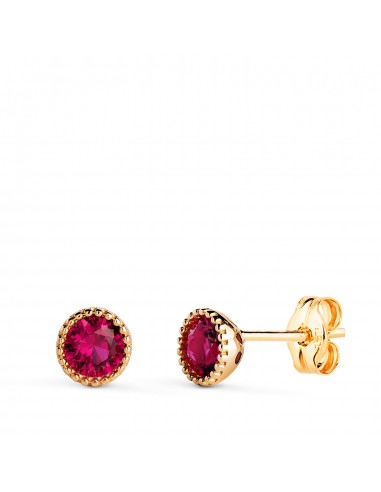 18K PENDIENTES ORO AMARILLO REDONDOS PIEDRA ROJA BORDES BOLITAS. MEDIDA: 5MM. CIERRE PRESION
