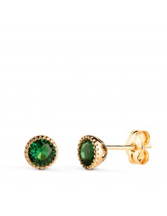 18K PENDIENTES ORO AMARILLO REDONDOS PIEDRA VERDE BORDES BOLITAS. MEDIDA: 5MM. CIERRE PRESION