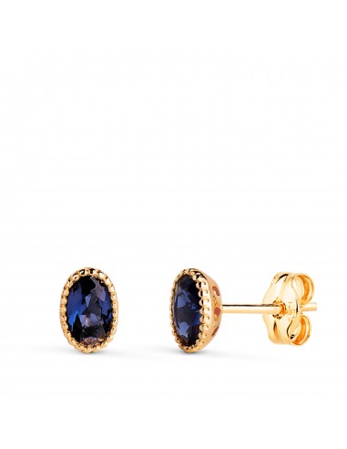 18K PENDIENTES ORO AMARILLO OVAL PIEDRA AZUL BORDES BOLITAS. MEDIDA: 6 X 4MM. CIERRE PRESION