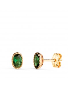 18K PENDIENTES ORO AMARILLO OVAL PIEDRA VERDE BORDES BOLITAS. MEDIDA: 6 X 4MM. CIERRE PRESION