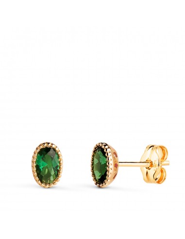 18K PENDIENTES ORO AMARILLO OVAL PIEDRA VERDE BORDES BOLITAS. MEDIDA: 6 X 4MM. CIERRE PRESION