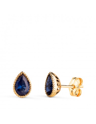 18K PENDIENTES ORO AMARILLO GOTA PIEDRA AZUL BORDES BOLITAS. MEDIDA: 7 X5 MM. CIERRE PRESION