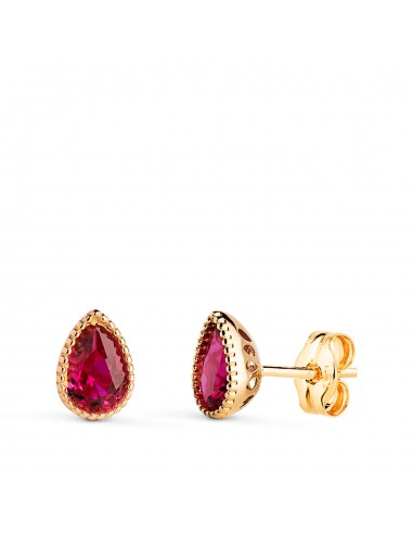 18K PENDIENTES ORO AMARILLO GOTA PIEDRA ROJA BORDES BOLITAS. MEDIDA: 7 X5 MM. CIERRE PRESION