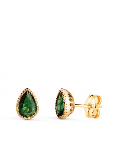 18K PENDIENTES ORO AMARILLO GOTA PIEDRA VERDE BORDES BOLITAS. MEDIDA: 7 X5 MM. CIERRE PRESION