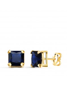 18K PENDIENTES ORO AMARILLO CUADRADOS PIEDRA COLOR AZUL 6 X 6 MM. CIERRE PRESION