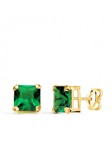 18K PENDIENTES ORO AMARILLO CUADRADOS PIEDRA COLOR VERDE 6 X 6 MM. CIERRE PRESION