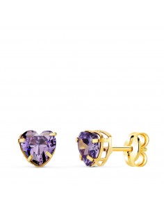 18K PENDIENTES ORO AMARILLO CORAZON CON CIRCONITA AMATISTA. MEDIDA: 5X5 MM. CIERRE PRESION