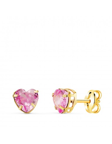 18K PENDIENTES ORO AMARILLO CORAZON CON CIRCONITA ROSA. MEDIDA: 5X5 MM. CIERRE PRESION