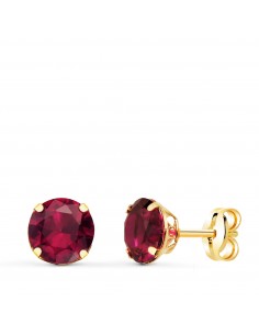 18K PENDIENTES ORO AMARILLO REDONDOS PIEDRA ROJA 6 MM. CIERRE PRESION
