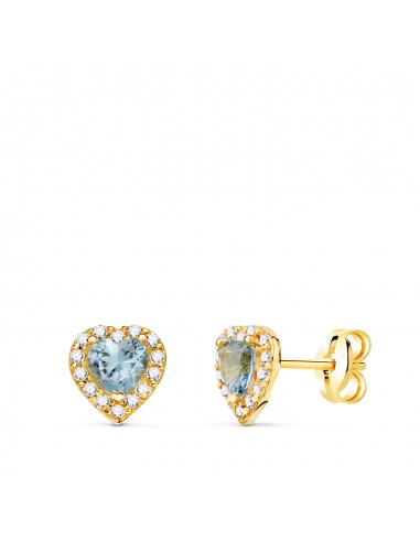 18K PENDIENTES ORO AMARILLO CORAZON CIRCONITA Y AGUA MARINA 6 5 X 6 5 MM. CIERRE PRESION