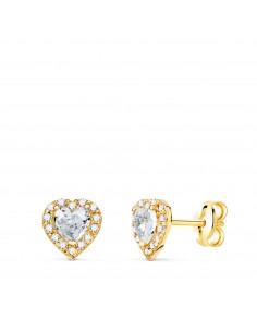 18K PENDIENTES ORO AMARILLO CORAZON CIRCONITA BLANCAS 6 5 X 6 5 MM. CIERRE PRESION