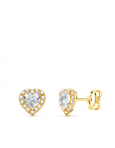 18K PENDIENTES ORO AMARILLO CORAZON CIRCONITA BLANCAS 6 5 X 6 5 MM. CIERRE PRESION