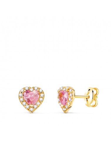 18K PENDIENTES ORO AMARILLO CORAZON CIRCONITA Y PIEDRA ROSA 6 5 X 6 5 MM. CIERRE PRESION