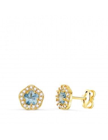 18K PENDIENTES ORO AMARILLO FLOR CIRCONITA Y AGUA MARINA 7 X 6 5 MM. CIERRE PRESION
