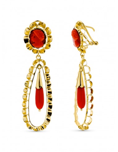 18K PENDIENTES ORO AMARILLO LARGOS LAGRIMA CORAL CAMAFEO