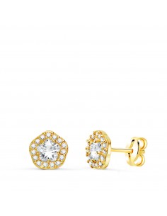 18K PENDIENTES ORO AMARILLO FLOR CIRCONITA BLANCAS 7 X 6 5 MM. CIERRE PRESION