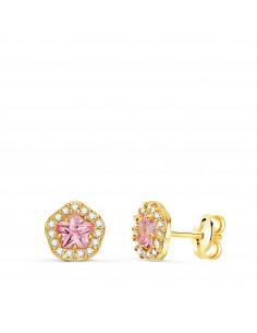 18K PENDIENTES ORO AMARILLO FLOR CIRCONITA Y PIEDRA ROSA 7 X 6 5 MM. CIERRE PRESION