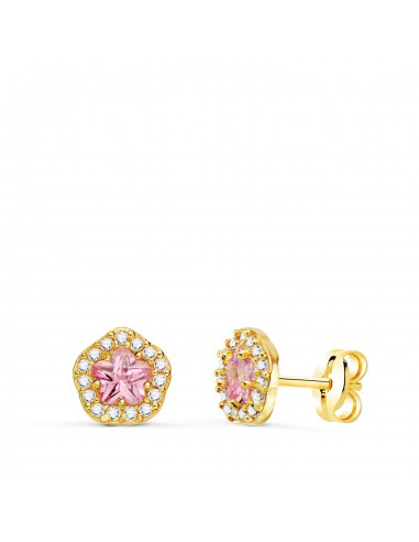 18K PENDIENTES ORO AMARILLO FLOR CIRCONITA Y PIEDRA ROSA 7 X 6 5 MM. CIERRE PRESION