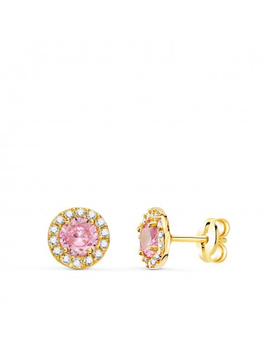 18K PENDIENTES ORO AMARILLO REDONDOS CIRCONITA Y PIEDRA ROSA 6 5 MM. CIERRE PRESION