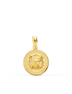18K MEDALLA ORO AMARILLO MEDUSA CON BORDE DE GRECA MATIZADA 15 MM