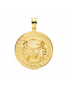 18K MEDALLA ORO AMARILLO MEDUSA CON BORDE DE GRECA MATIZADA 25 MM