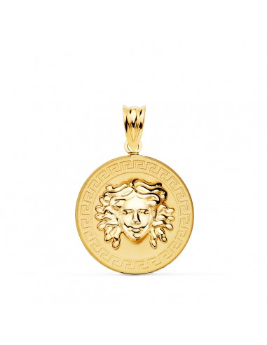 18K MEDALLA ORO AMARILLO MEDUSA EN BRILLO CON BORDE DE GRECA MATIZADA 20 MM