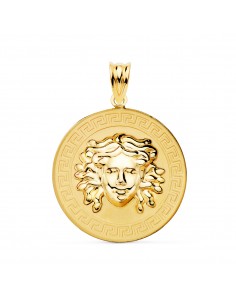 18K MEDALLA ORO AMARILLO MEDUSA EN BRILLO CON BORDE DE GRECA MATIZADA 25 MM