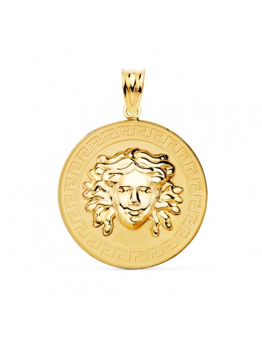 18K MEDALLA ORO AMARILLO MEDUSA EN BRILLO CON BORDE DE GRECA MATIZADA 25 MM