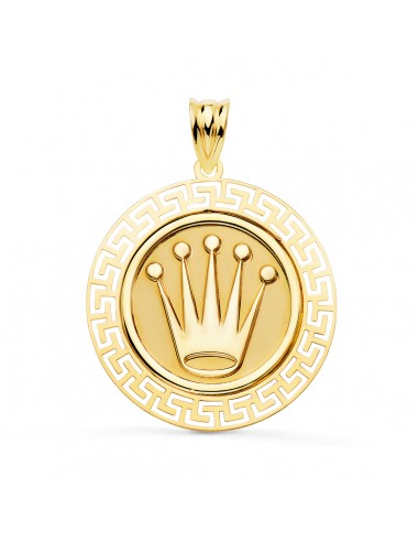 18K MEDALLA ORO AMARILLO CORONA CON BORDE DE GRECA CALADA. 27 MM