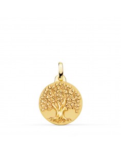 18K MEDALLA ORO AMARILLO ARBOL DE LA VIDA MATIZADA y BRILLO 16 MM