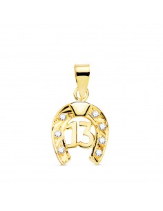 18K COLGANTE ORO AMARILLO HERRADURA CON CIRCONITAS Y Nº 13. 13 X 11 MM.