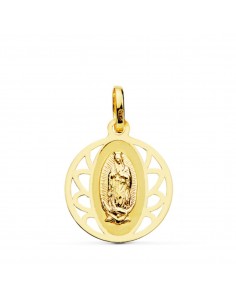 18K MEDALLA ORO AMARILLO VIRGEN GUADALUPE CERCO REDONDO 16 MM