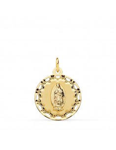 18K MEDALLA ORO AMARILLO VIRGEN DE GUADALUPE CERCO CALADO Y TALLADO 18 MM