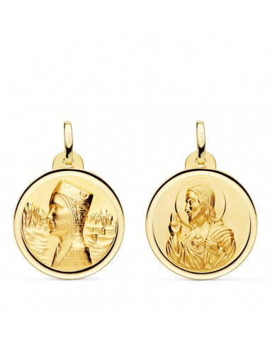 18K ESCAPULARIO ORO AMARILLO VIRGEN MONTSERRAT Y CORAZON DE JESUS BISEL 20 MM