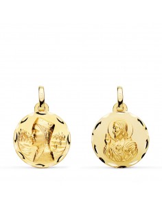18K ESCAPULARIO ORO AMARILLO VIRGEN MONTSERRAT Y CORAZON DE JESUS TALLADA 16 MM