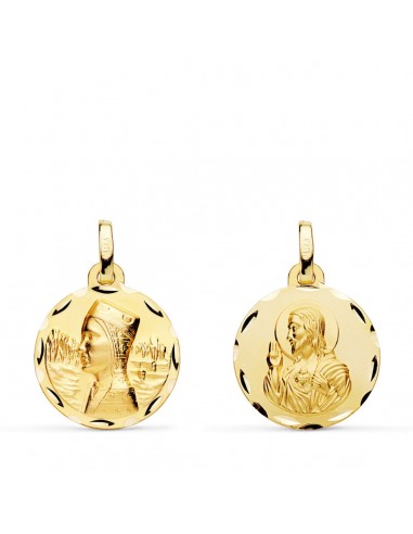 18K ESCAPULARIO ORO AMARILLO VIRGEN MONTSERRAT Y CORAZON DE JESUS TALLADA 16 MM
